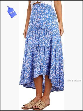 High Waist Floral Print Midi Skirt High Low Hem A-Line Pleated